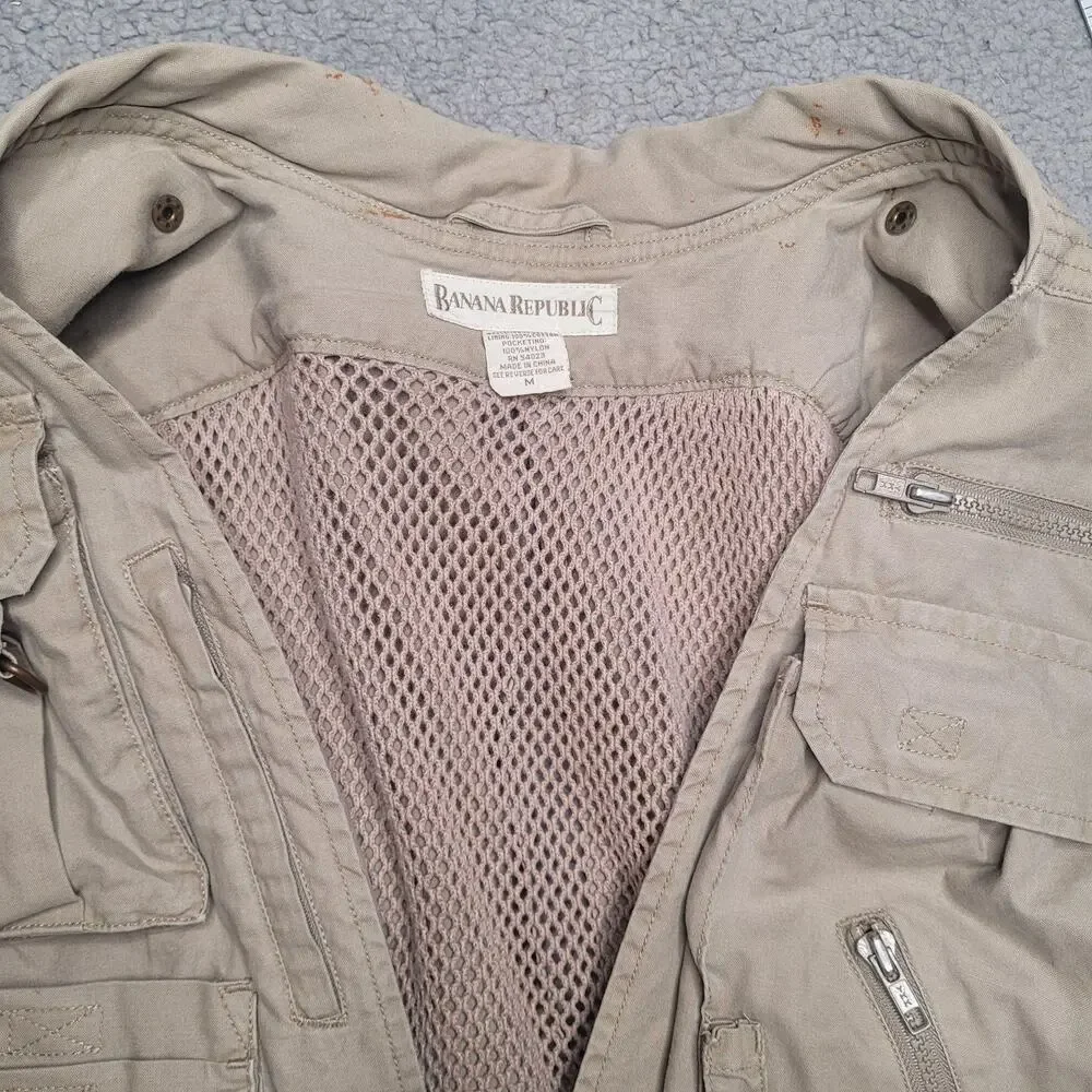 Vintage Banana Republic Vest Med Beige Khaki Utility Travel Safari Multi Pocket